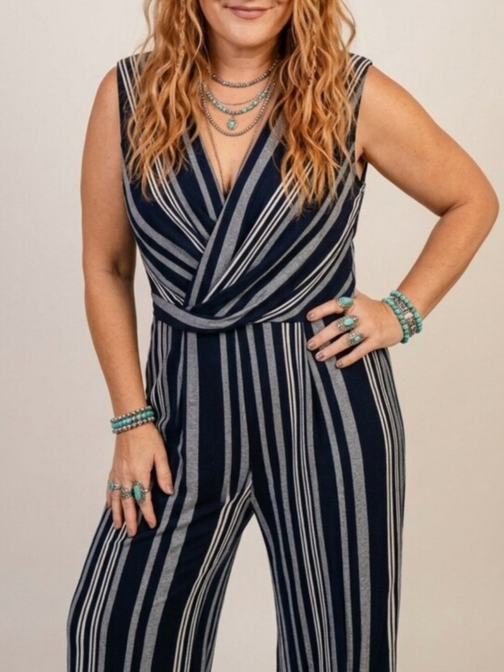 NWOT Size Small Elegant Navy & White Striped Romper Wide Leg Jumpsuit Nautical - Picture 16 of 16